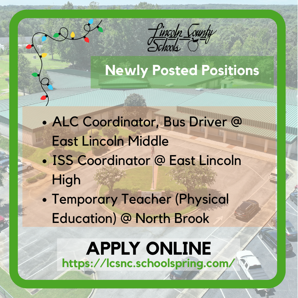 🚨 Now Hiring! 🚨 Lincoln County Schools has several newly posted positions across the district!  ⭐ ALC Coordinator & Bus Driver — East Lincoln Middle ⭐ ISS Coordinator — East Lincoln High ⭐ Temporary PE Teacher — North Brook  If you’re passionate about supporting students and making a difference in our schools, we want to hear from you!  📲 Apply online: https://lcsnc.schoolspring.com/  #WeAreLINCOLN #LCSProud #NowHiring #JoinOurTeam