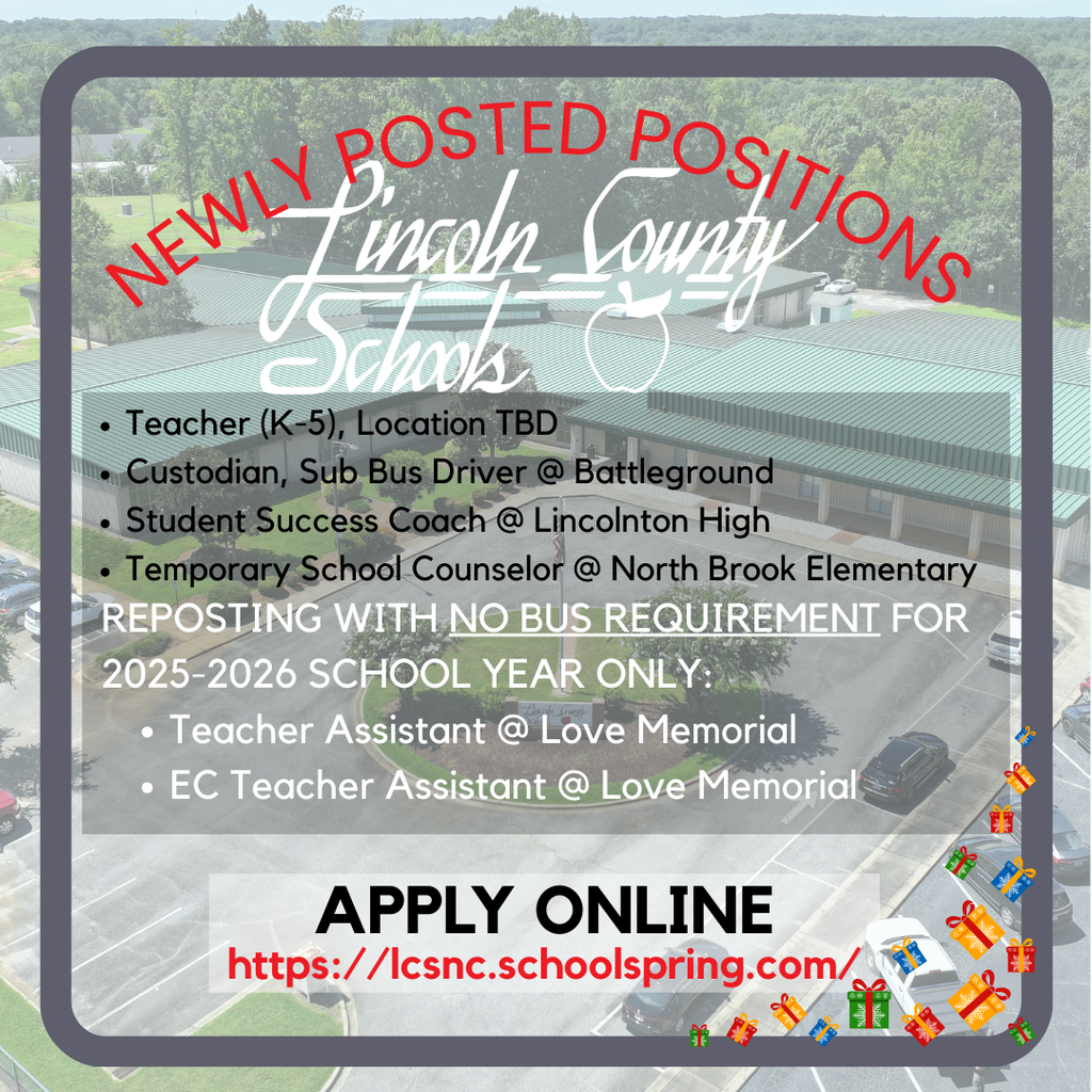 🚨 New Jobs Just Posted! 🚨 Lincoln County Schools is hiring for multiple positions across the district—plus select roles reposted with no bus requirement for 2025–2026 only. 👉 Apply online: https://lcsnc.schoolspring.com/ Your future starts here. 🍎