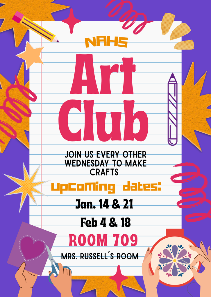 Poster of Art club upcoming dates with hands creating embroidery and collage.