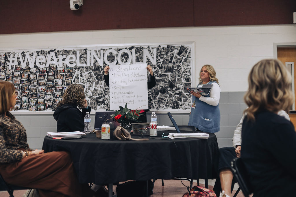 A group of educators sit around a round table during a professional learning session while one participant holds up a handwritten chart with notes, and a presenter stands nearby speaking. A large photo collage with the words “#WeAreLINCOLN” is displayed on the wall behind them.