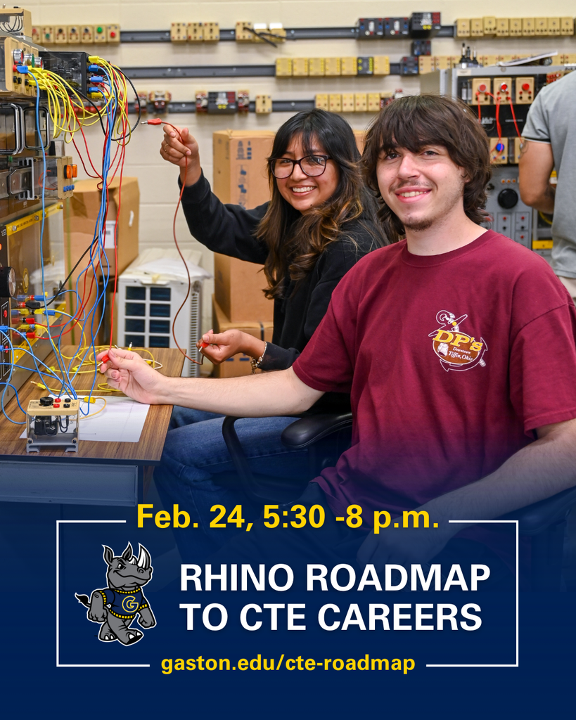 Two students seated at a workbench in an electrical training lab smile at the camera while holding testing probes connected to a wiring panel with colorful cables. Behind them are mounted electrical components and training equipment. Text on the graphic reads: “Feb. 24, 5:30–8 p.m. Rhino Roadmap to CTE Careers” and “gaston.edu/cte-roadmap,” with a rhinoceros mascot logo.