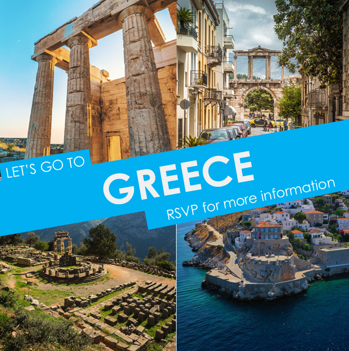 Let's Go to Greece; RSVP for more information. (images of Greece are shared behind the text)