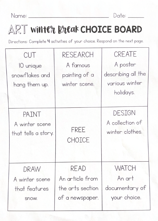 Art choice board with different art activities