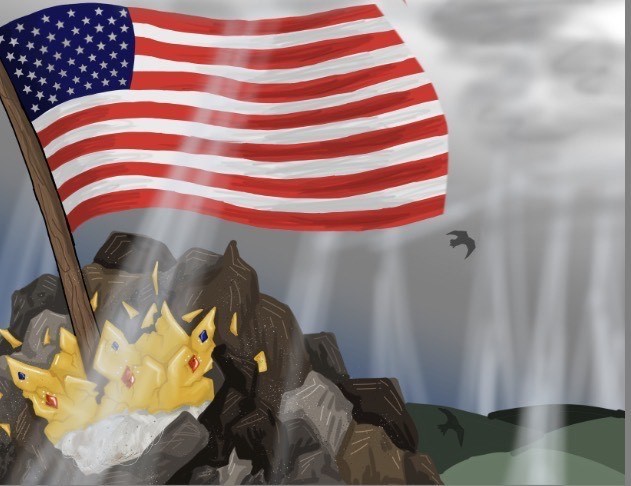 American flag stuck into a broken crown on a pile of rocks with  hazy grey sky. 