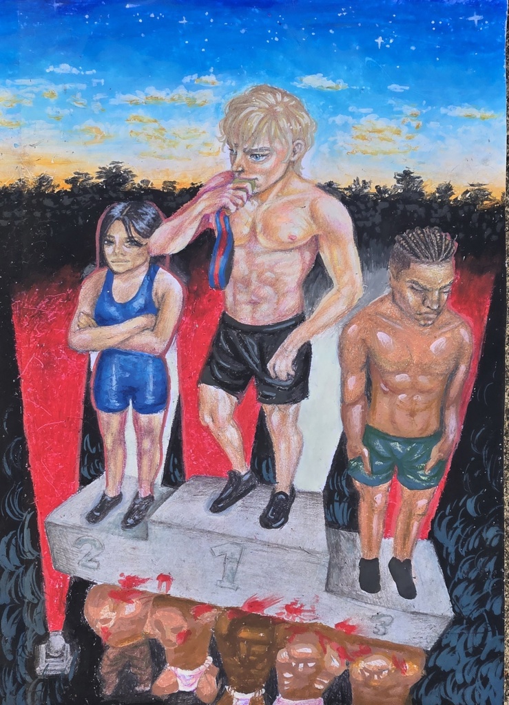 Mixed media drawing of 3 people on a podium held up on the backs of enslaved and indigenous people.