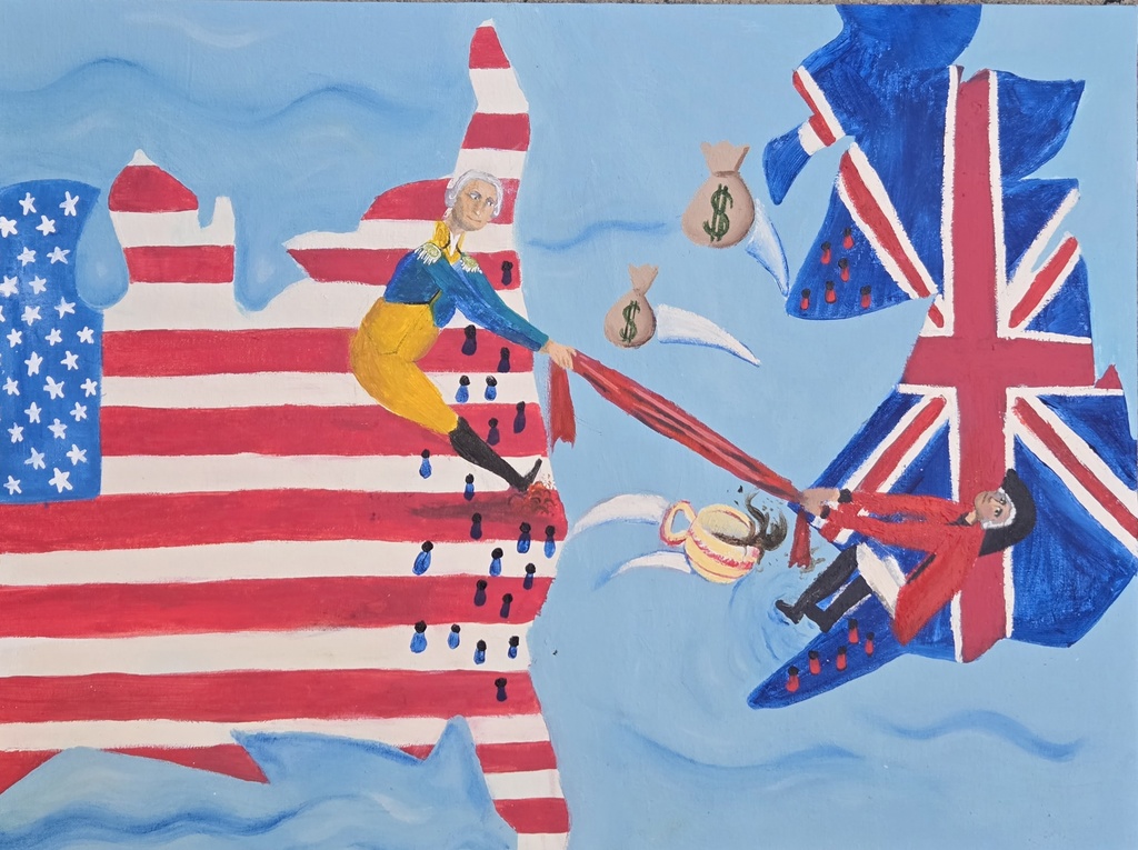 Painting of George Washington standing on USA fighting with a British Soldier standing on the UK while  money bags and tea are being thrown across the Atlantic ocean.