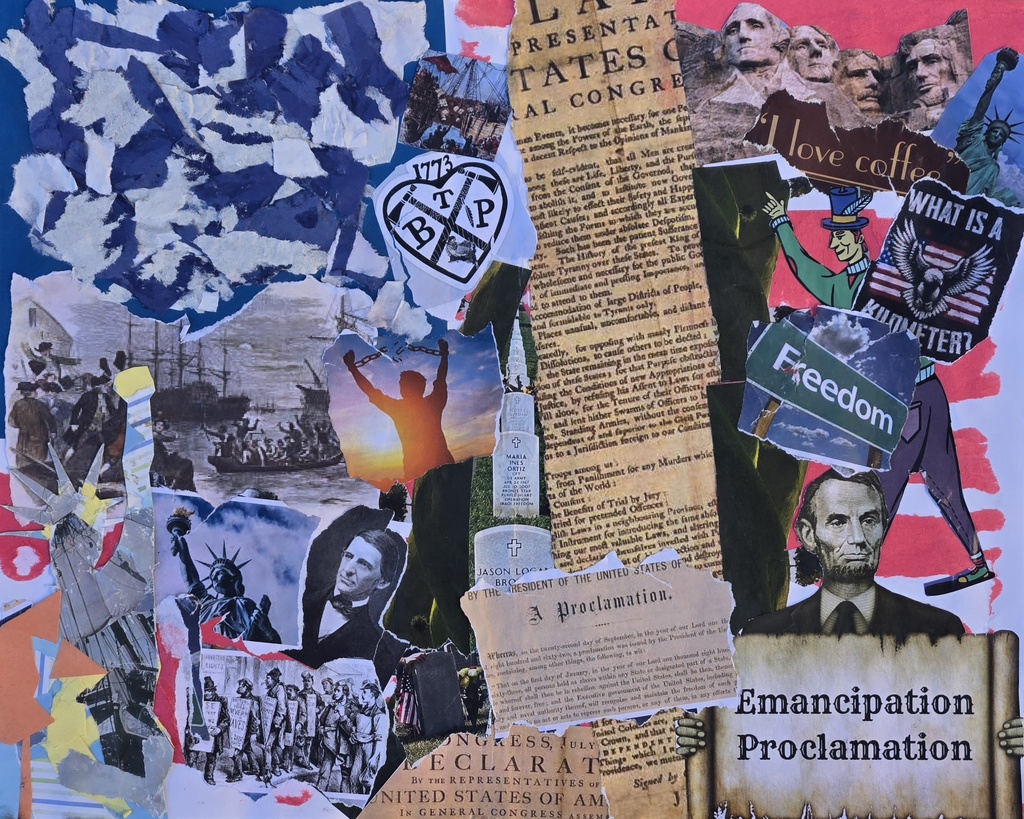 Collage of the Statue of Liberty, Emancipation Proclomation and American flag juxtaposed with tourist sites, words like FREEDOM and arbitrary "needs" like coffee. 