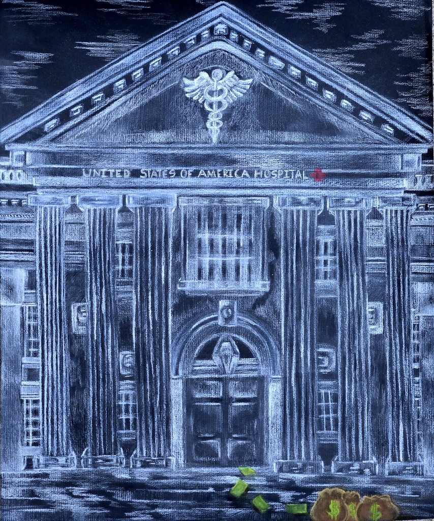 Drawing in white on black of a hospital that is really a bank. A trail of green money flows out onto the steps. 