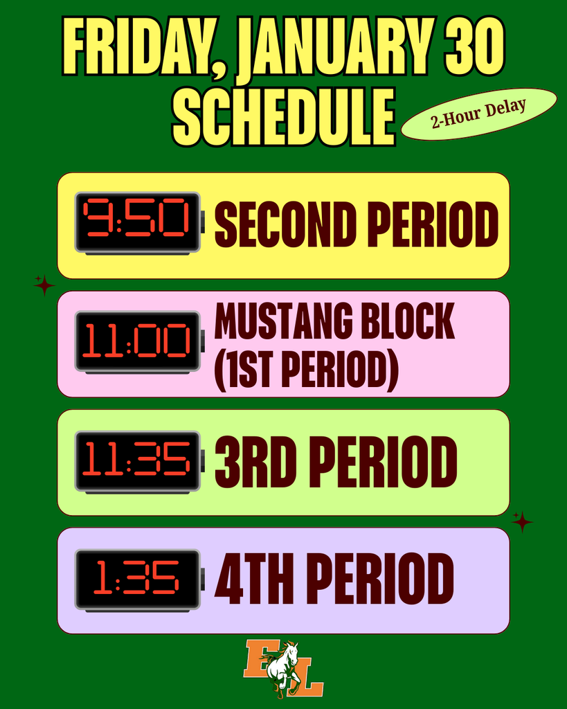 January 30 will be a 2 hour delay schedule. Students will report to 2nd period at 9:50 AM.