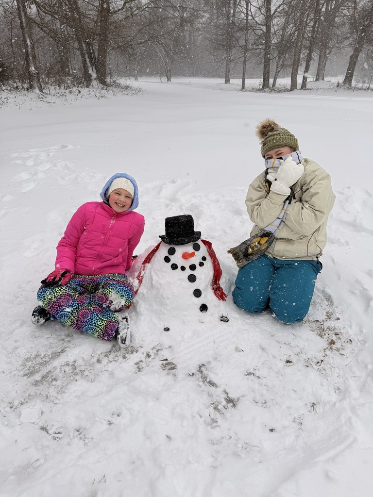 Two children kneel beside a small snowman wearing a black top hat and red scarf. One child wears a bright pink jacket, and the other wears a light-colored coat and hat. Snow falls lightly around them in an open, wooded area.