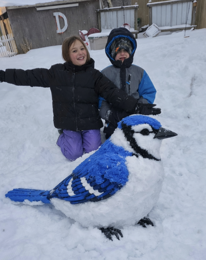 Two children kneel in the snow behind a large, detailed snow sculpture shaped like a blue bird, smiling and posing in a snowy backyard setting.