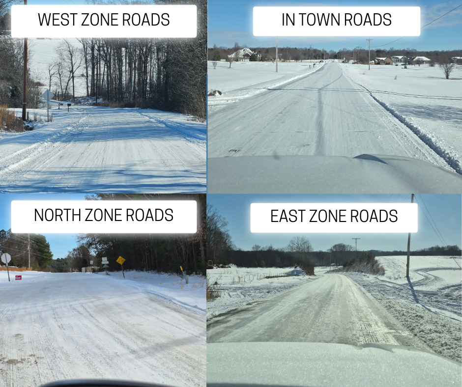 Four-panel photo collage showing snowy road conditions across Lincoln County zones. Top left labeled “West Zone Roads” shows a snow-covered rural road bordered by trees with visible tire tracks. Top right labeled “In Town Roads” shows a neighborhood street coated in packed snow and ice with houses in the distance. Bottom left labeled “North Zone Roads” shows a shaded roadway with snow and icy patches near a wooded area and road signs. Bottom right labeled “East Zone Roads” shows a rural road with icy surface, open fields on both sides, and snow pushed to the shoulders.