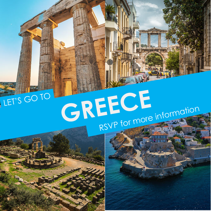 Let's Go to Greece; RSVP for more information. (images of Greece are shared behind the text)