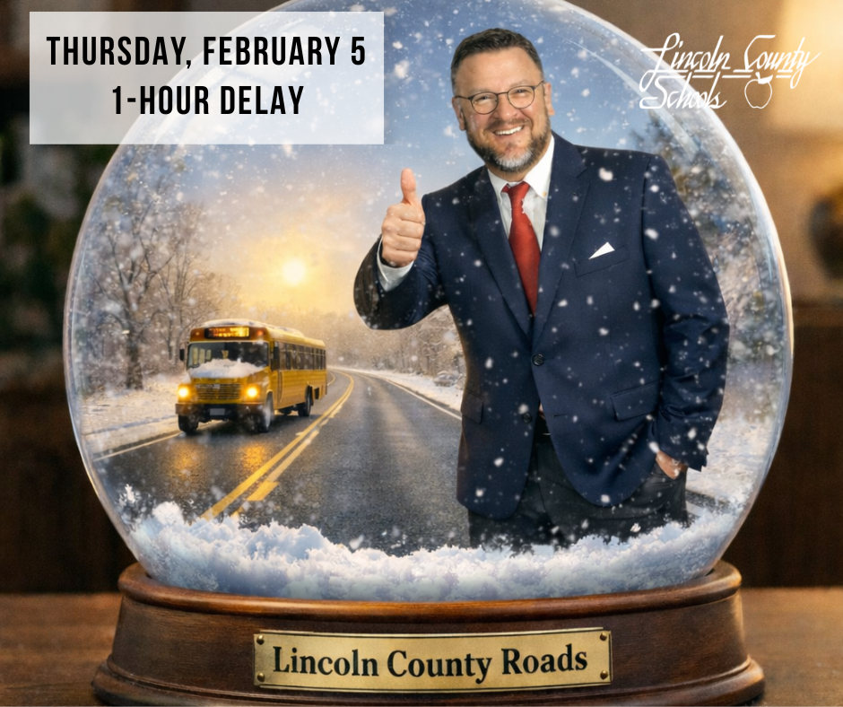 Graphic shows a winter-themed image with a school bus on a roadway and text reading “Thursday, February 5 – 1-Hour Delay” with the Lincoln County Schools logo.