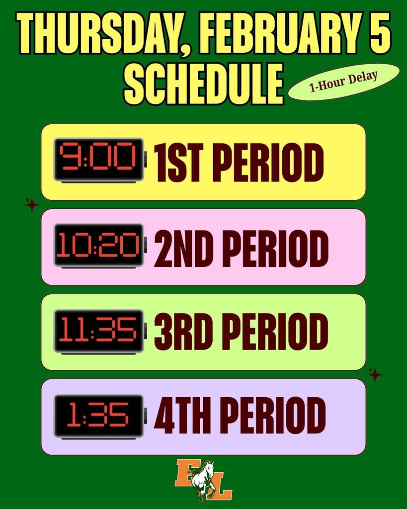 1 Hour Delay Schedule. 1st Period at 9:00 AM. 2nd Period at 10:20 AM, 3rd period at 11:35 AM, and 4th Period at 1:35 PM.