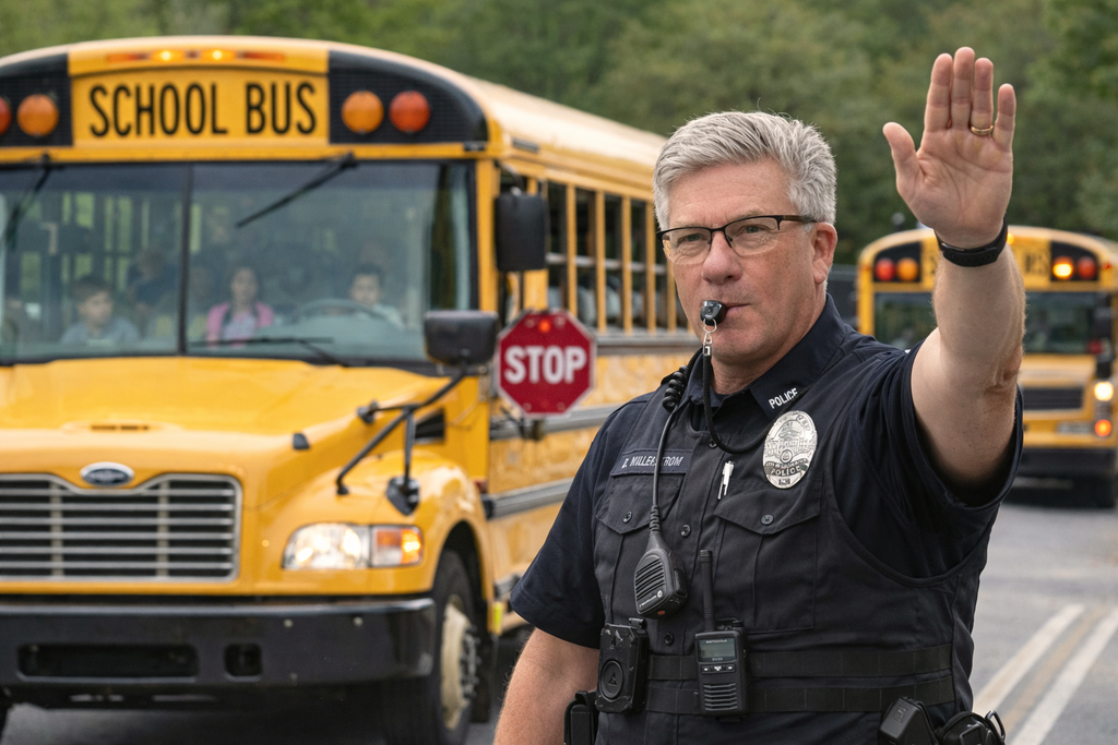 School resource officers directing traffic for a school bus.
