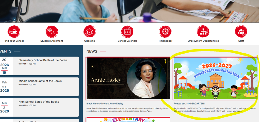 2026-2027 Kindergarten Registration. Ready, set...KINDERGARTEN! Registration for the 2026-2027 school year is officially open! We can't wait to welcome our newest little learners to the Lincoln County Schools family. Don't wait—secure your spot today. The image features a colorful illustration of a school building, a playground with slides, and three diverse children with backpacks standing on a green lawn under a blue sky with a sun and clouds.