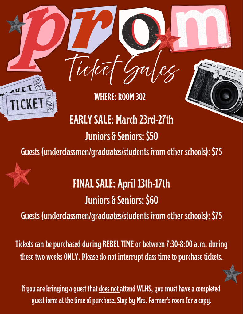 PROM Ticket Early Sale. Starting March 23rd. Juniors and Seniors cost is $50.00. If you are bringing a guest that does not attend WLHS , then your guest must be approved. Complete the approval form on our webpage.
