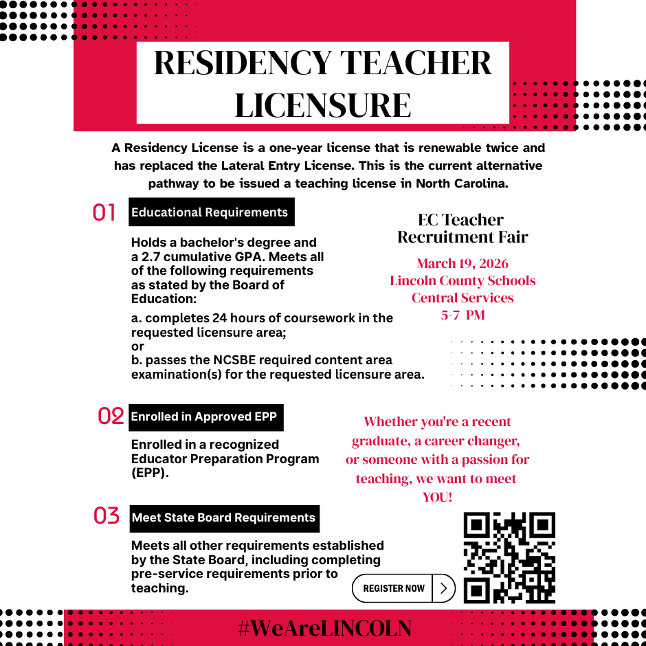 Graphic explaining Residency Teacher Licensure for North Carolina. Headline reads “Residency Teacher Licensure.” Text explains it is a one-year license, renewable twice, and replaces the lateral entry license. Requirements include: holding a bachelor’s degree with a 2.7 GPA; completing 24 hours of coursework in the requested licensure area or passing required NCSBE content exams; enrollment in a recognized Educator Preparation Program (EPP); and meeting additional State Board pre-service requirements. Event reminder included: EC Teacher Recruitment Fair, March 19, 2026, Lincoln County Schools Central Services, 5–7 PM. A QR code and “Register Now” button appear at the bottom.