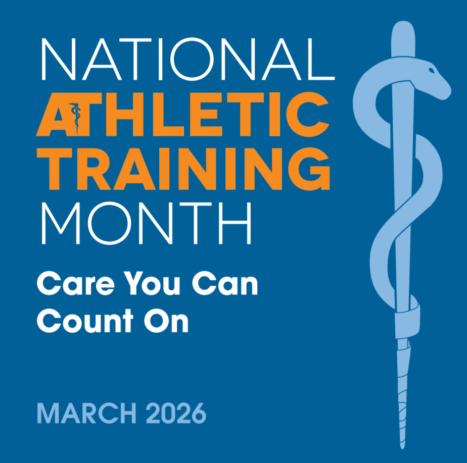 Blue graphic reading “National Athletic Training Month” in white and orange text, with the tagline “Care You Can Count On” and “March 2026” at the bottom. A large light-blue medical staff with a snake wrapped around it appears on the right side of the image.