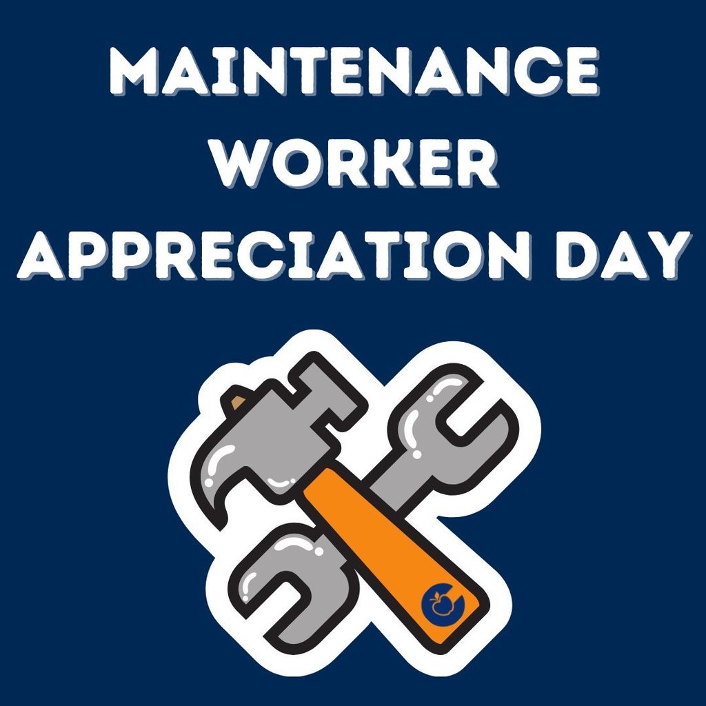 Dark blue graphic with large white text reading “Maintenance Worker Appreciation Day.” Below the text is a crossed hammer and wrench illustration. The hammer has an orange handle with a small apple icon near the base.