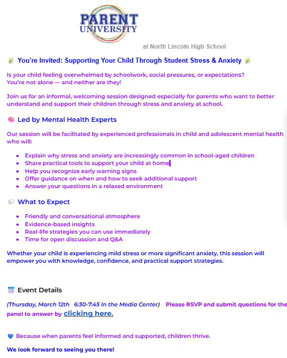 Parent University Session on Anxiety and Stress Information 