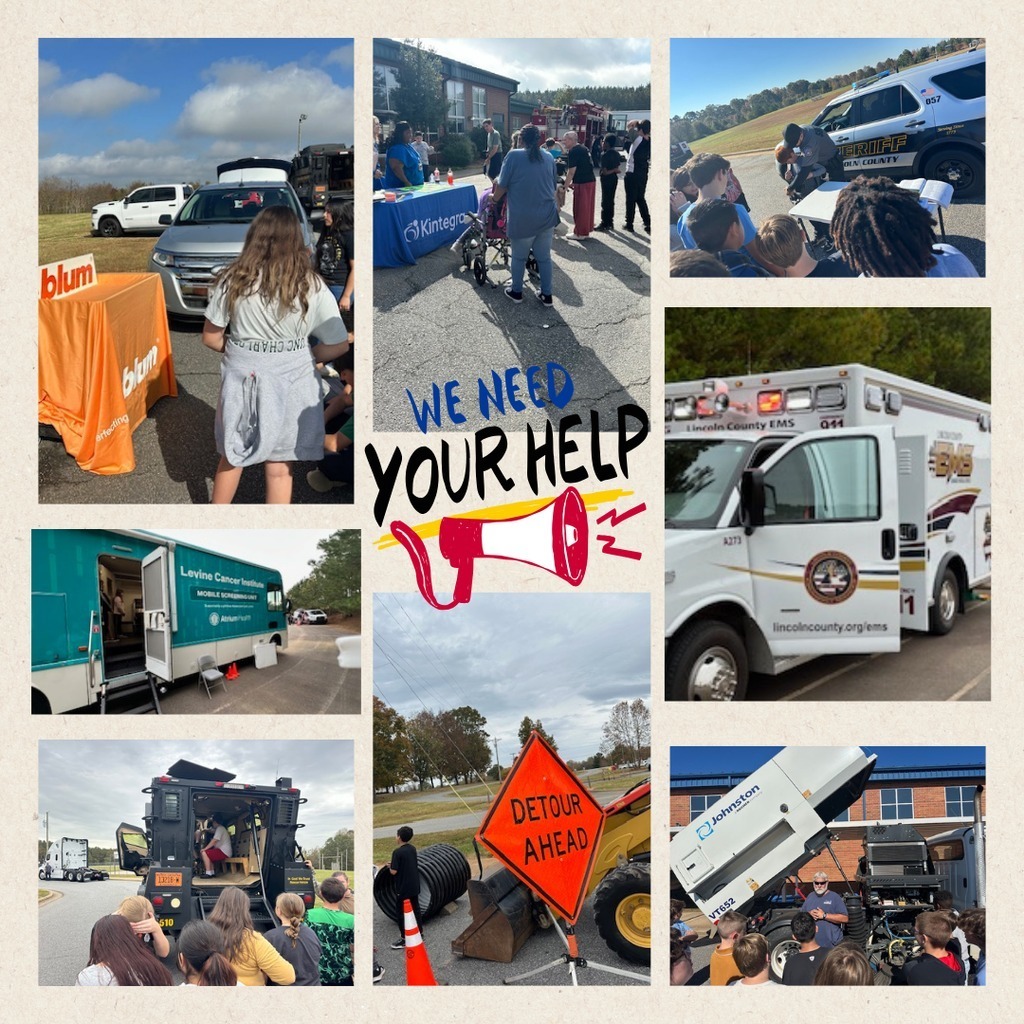 A collage of photos from a community touch-a-truck or safety event. Images include students gathered around a sheriff’s patrol vehicle as a deputy speaks with them, a Lincoln County EMS ambulance with lights on, a Levine Cancer Institute mobile screening unit, a large black emergency response vehicle open for tours, heavy equipment including a Johnston road machine and a loader near a bright orange “Detour Ahead” road sign, and community tables set up outdoors. In the center of the collage, bold text reads “We Need Your Help” with a red megaphone graphic.