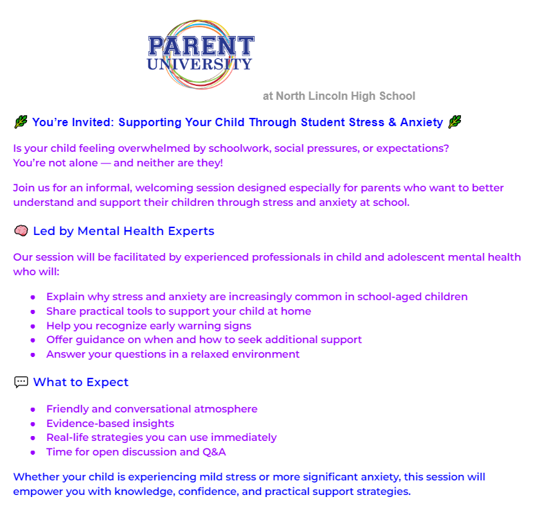 Promotional graphic for a mental health session for parents. Title: Supporting Your Child Through Student Stress & Anxiety. Highlights: Led by experts, covers practical tools for home, and recognizing warning signs. Logistics: Thursday, March 12th, 6:30-7:45 PM in the Media Center. Includes a call to action to RSVP and submit questions.