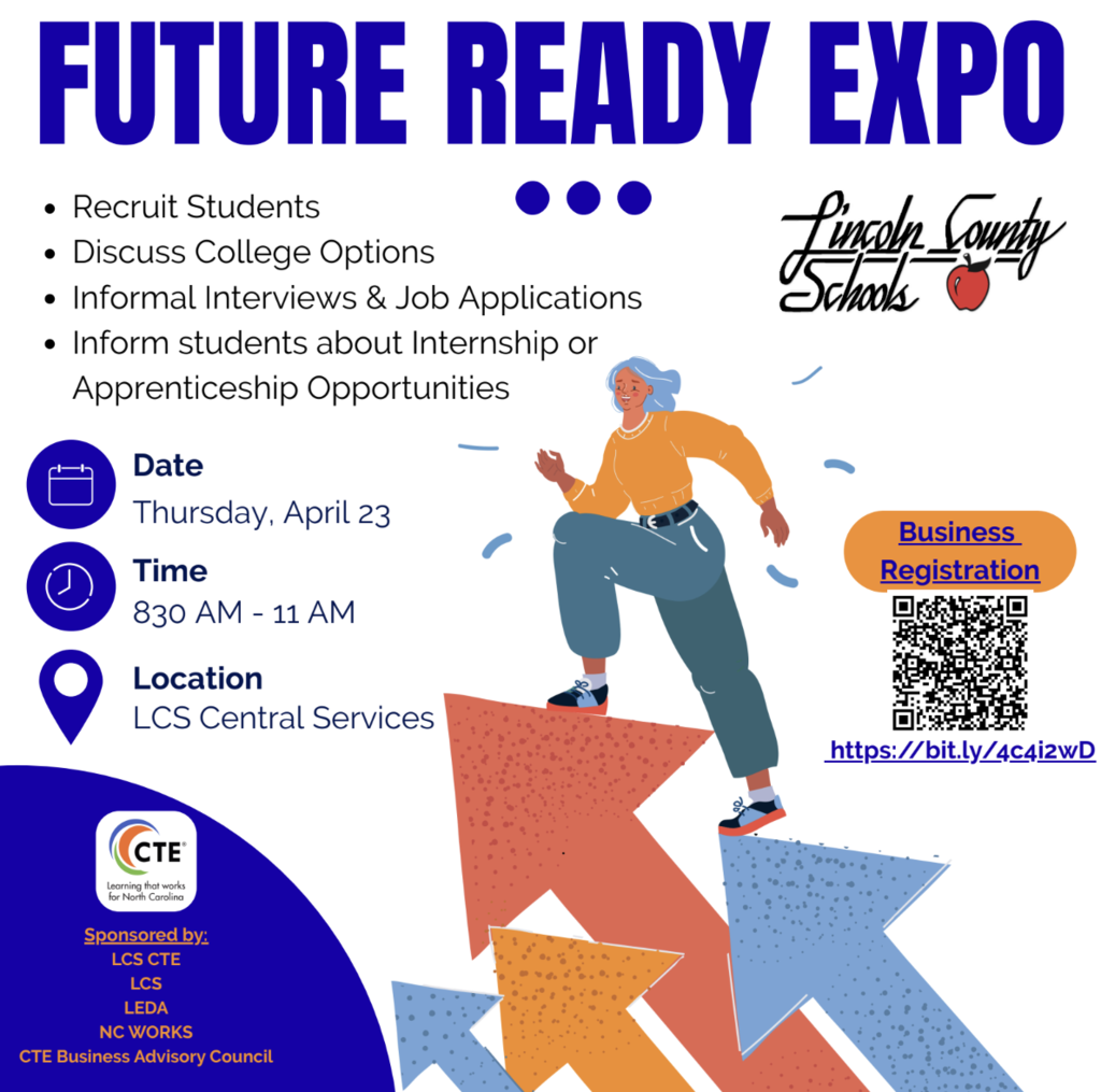 Flyer titled “Future Ready Expo” with large bold blue lettering at the top. The flyer lists opportunities for businesses including: Recruit Students, Discuss College Options, Conduct Informal Interviews & Job Applications, and Inform Students About Internship or Apprenticeship Opportunities. Event details include: Thursday, April 23 from 8:30 AM – 11:00 AM at LCS Central Services. A Business Registration section includes a QR code and registration link: https://bit.ly/4c4i2wD . Sponsored by LCS CTE, Lincoln County Schools, LEDA, NC Works, and the CTE Business Advisory Council