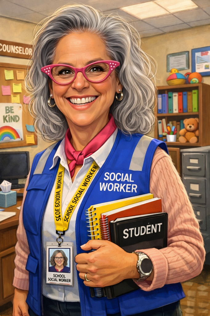 School Social Worker holding student notebooks in an office setting.