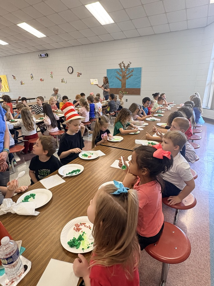 Yesterday our kindergarten students had a tasty and fun literacy experience! After listening to Green Eggs and Ham during storytime with Mrs. Dellinger, they got the chance to try green eggs and ham themselves. 🥚💚