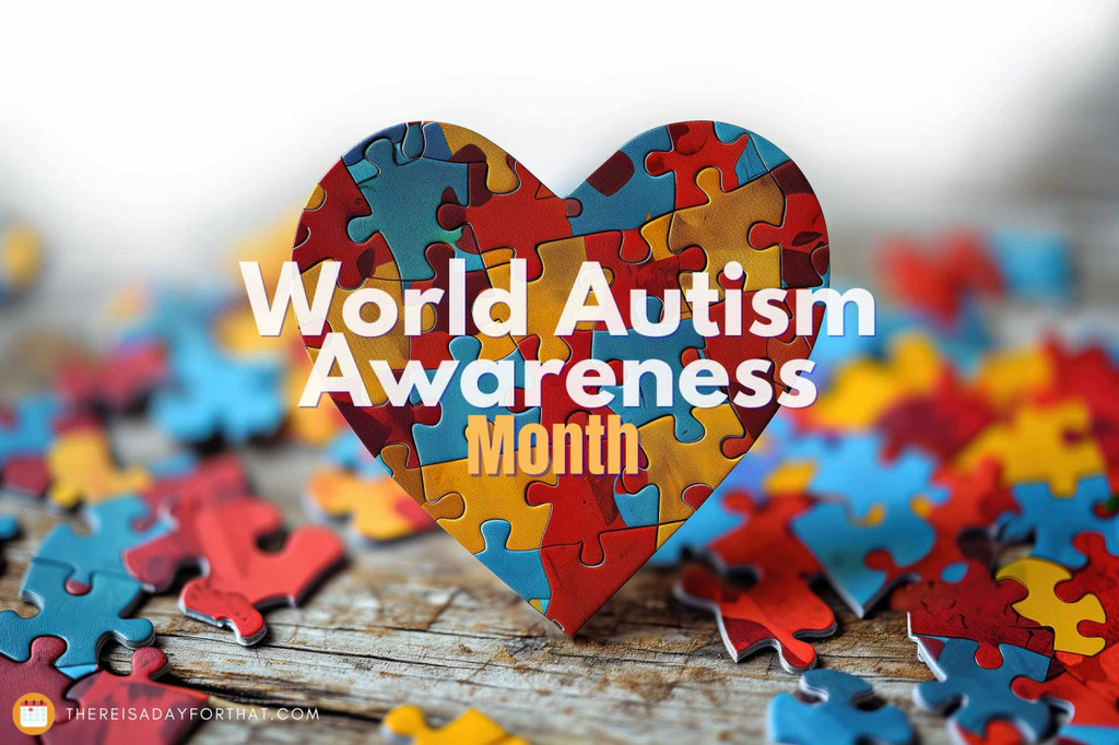 A heart-shaped graphic made of colorful puzzle pieces sits on a wooden surface surrounded by scattered puzzle pieces. Over the heart, white and yellow text reads “World Autism Awareness Month.” In the lower corner of the image is the text “thereisadayforthat.com.”