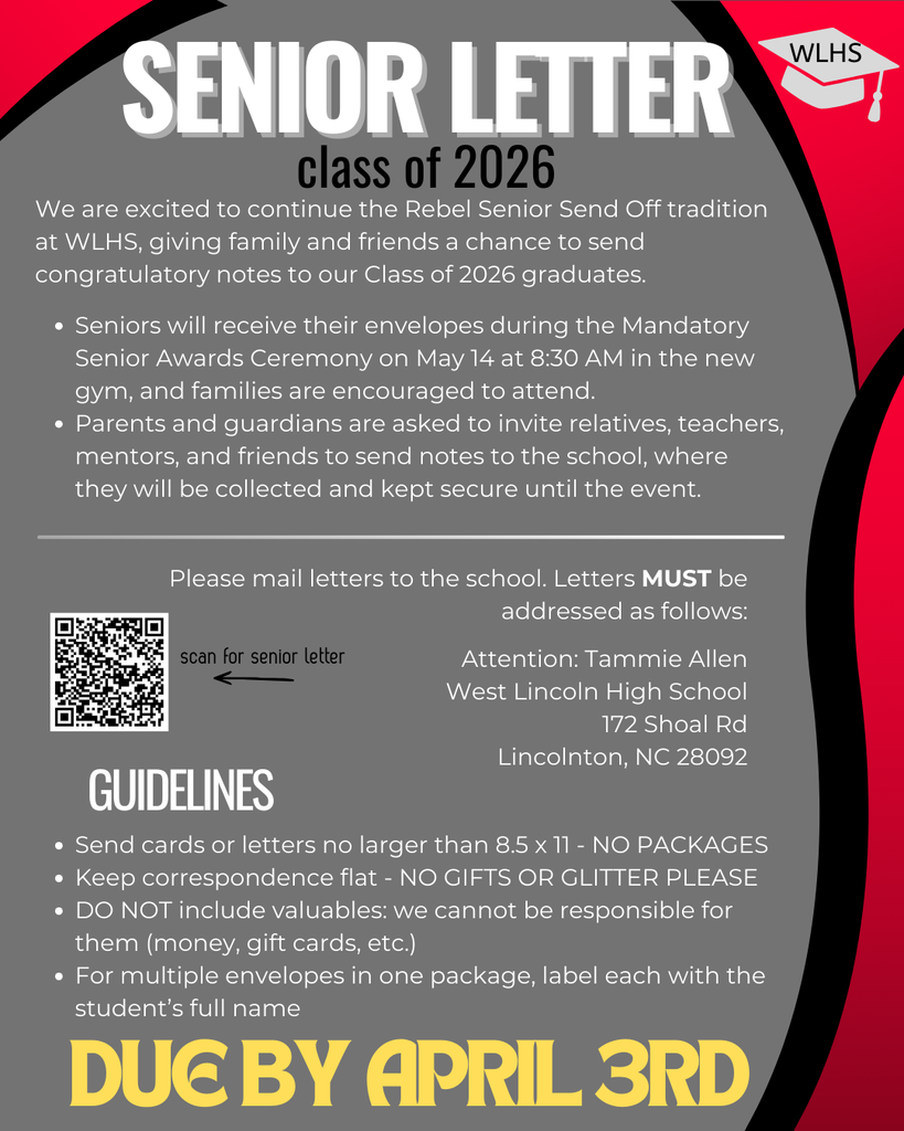 Flyer for West Lincoln High School (WLHS) Senior Letter Class of 2026. The flyer has a gray background with red and black curved accents and a graduation cap logo in the top right.