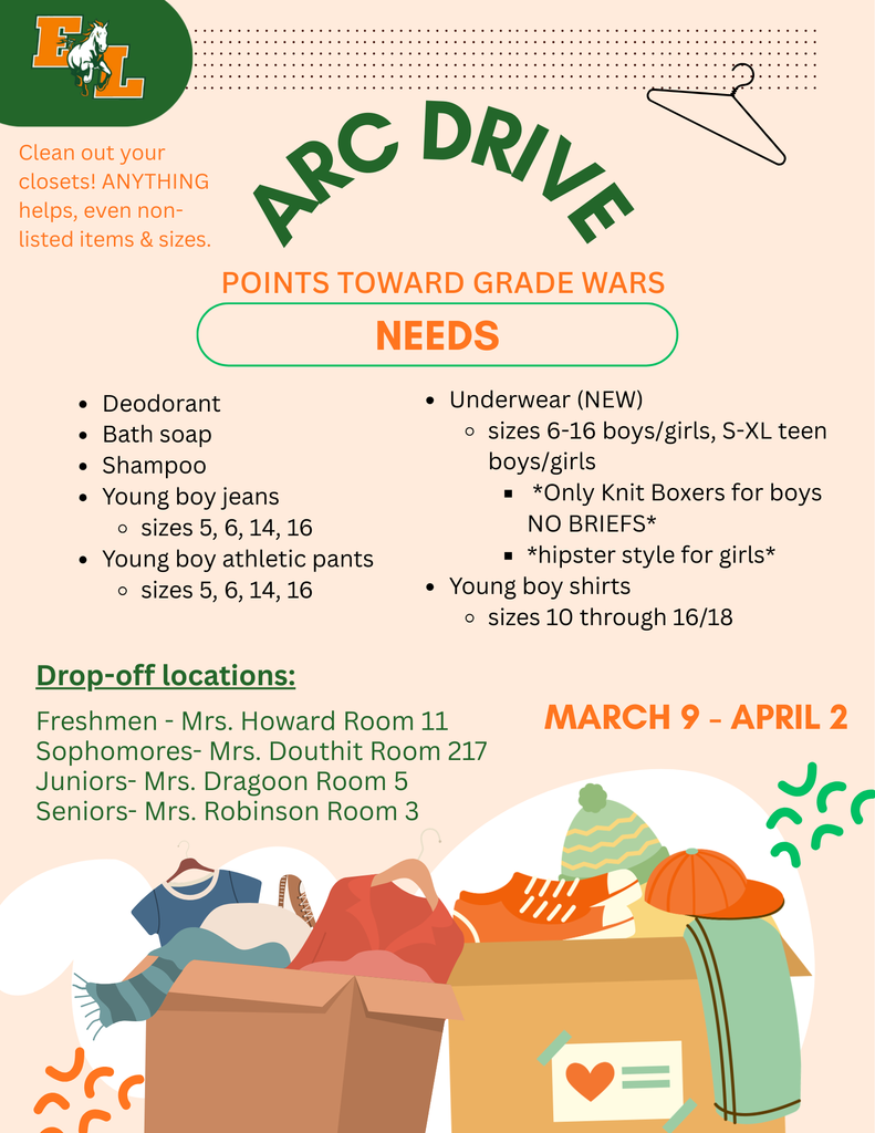 Attention students! Student Government is hosting an ARC Clothing Drive from March 9 through April 2. We are collecting items like deodorant, soap, shampoo, boys’ clothing, and new underwear for children and teens. Clean out your closets—anything helps, even items not listed. Donations will also earn points toward Grade Wars. Please bring your donations to your class drop-off location: Freshmen – Mrs. Howard in Room 11 Sophomores – Mrs. Douthit in Room 217 Juniors – Mrs. Dragoon in Room 5 Seniors – Mrs. Robinson in Room 3 Help us support our community!