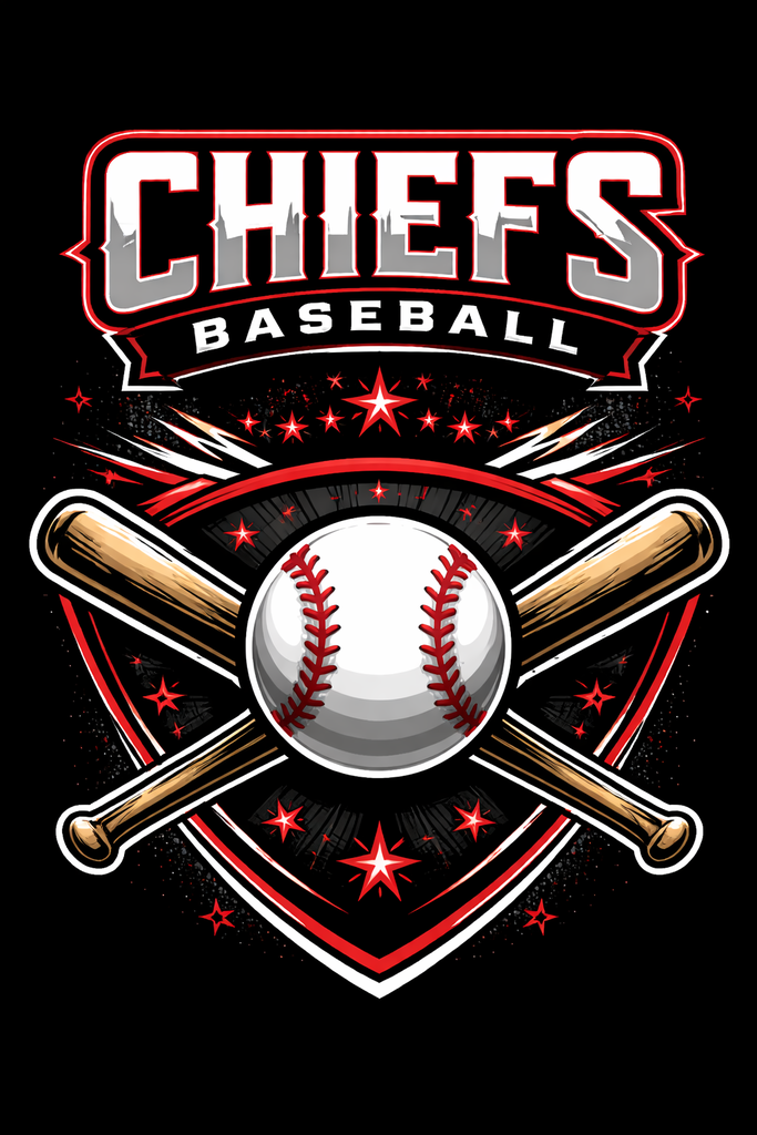 Logo for Chiefs Baseball featuring a white baseball and two crossed wooden bats centered on a black and red shield. The word CHIEFS is in large grey block letters at the top, with BASEBALL written on a black banner below it. The design is accented with red stars and white streaks against a black background.