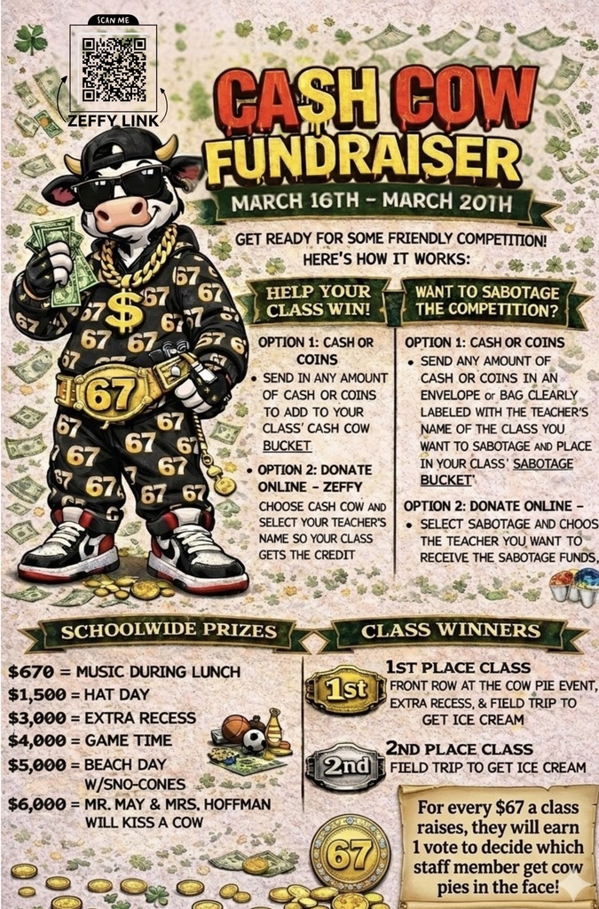 Flyer for Cash Cow Fundraiser sponsored by PTO,