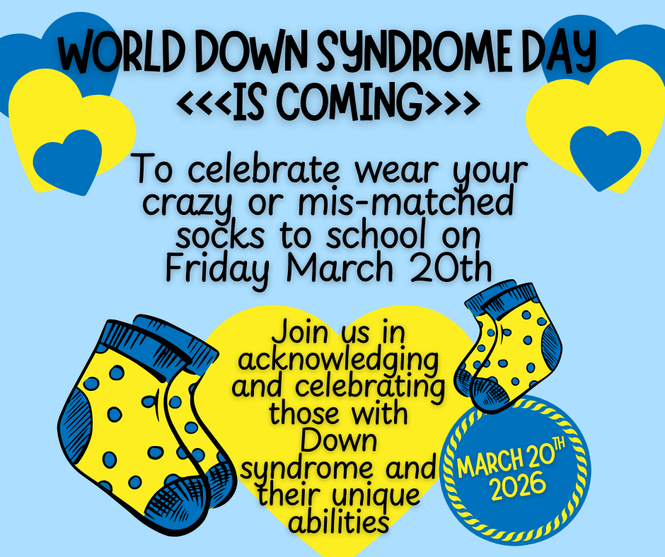 World Down Syndrome Day is coming!  To celebrate, wear your crazy or  mismatched socks to school on Friday, March 20.  Join us in acknowledging and celebrating those with Down Syndrome and their unique abilities!