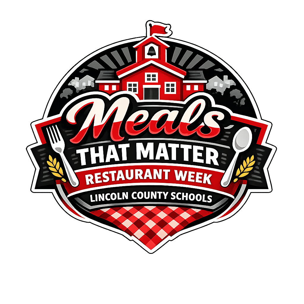 A circular badge-style logo for “Meals That Matter Restaurant Week – Lincoln County Schools.” The design features a red schoolhouse with a bell tower and flag at the top, set against a black and gray background with silhouettes of buildings and trees. The words “Meals” appear in large red script with a white outline, above bold white text reading “THAT MATTER.” Beneath it, a red banner reads “RESTAURANT WEEK,” followed by “LINCOLN COUNTY SCHOOLS” in white. A fork appears on the left side and a spoon on the right, with small wheat graphics beside them. The bottom of the badge includes a red-and-white checkered picnic table pattern, reinforcing the food theme.