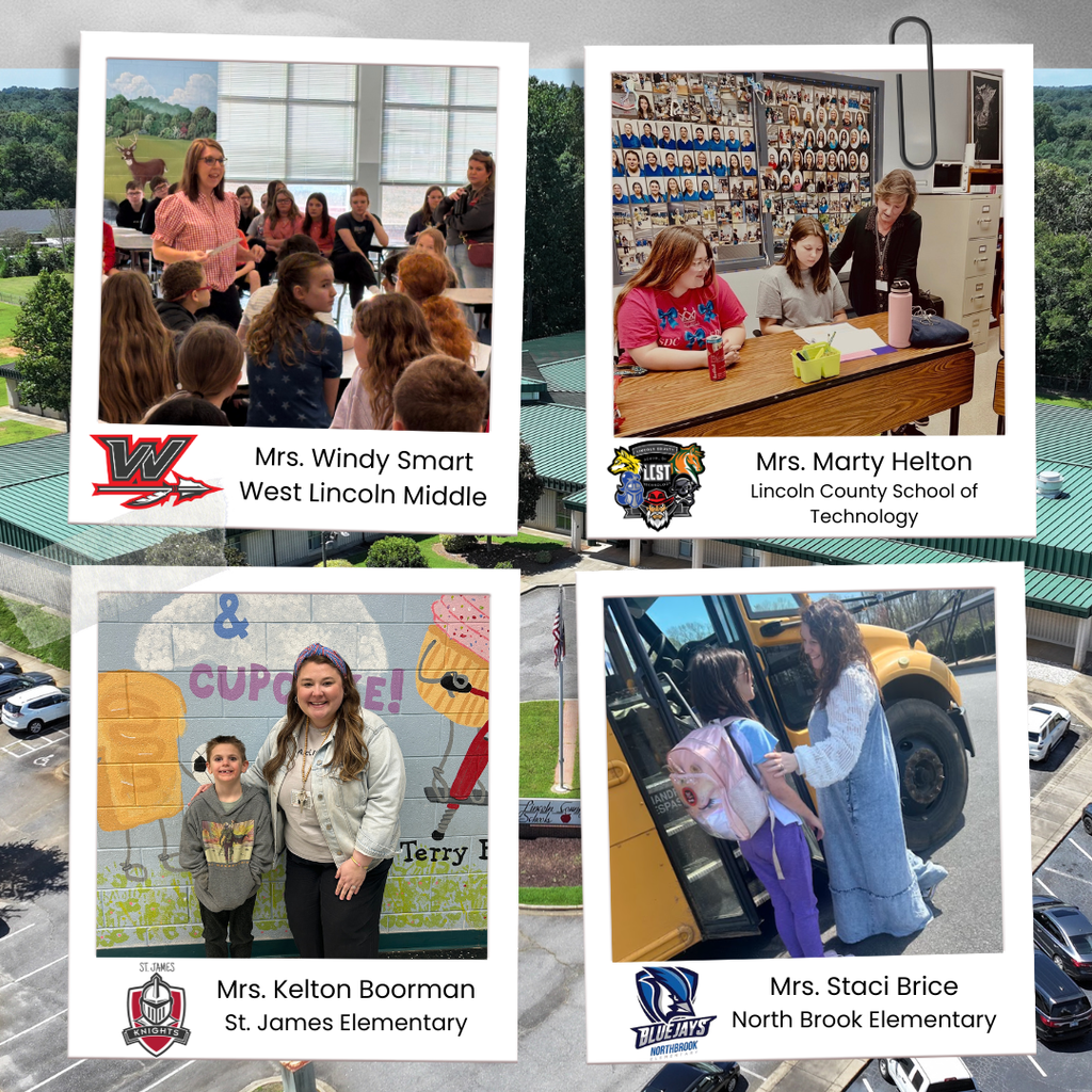 Collage celebrating assistant principals with four labeled photo frames over an aerial school campus background. Top left shows Mrs. Windy Smart of West Lincoln Middle speaking to a room of students. Top right shows Mrs. Marty Helton of Lincoln County School of Technology working with two students at a classroom table. Bottom left shows Mrs. Kelton Boorman of St. James Elementary smiling beside a student in front of a colorful school wall mural. Bottom right shows Mrs. Staci Brice of North Brook Elementary greeting a student as they step off a school bus.