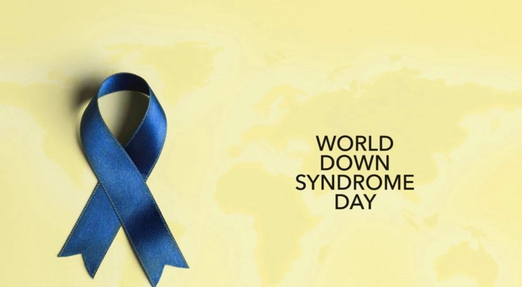yellow background photo and a blue ribbon for World Down Syndrome Day