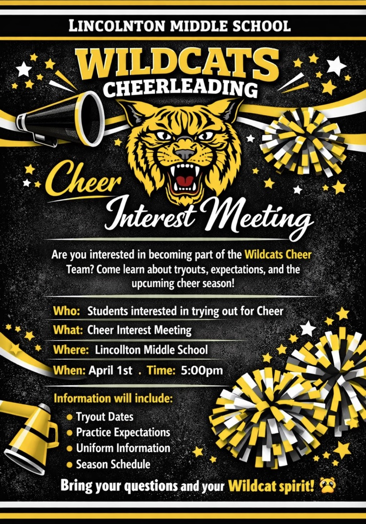 lincolnton middle school cheer interest meeting flyer. Meeting will be held April 1 at 5 PM in the Lincoln middle school cafeteria.
