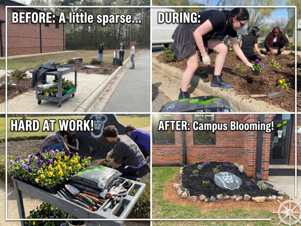A four-pane "before and after" photo collage titled "Spring at Asbury Academy." The images show students and staff working together to plant purple and yellow flowers in a garden bed, finishing with a final shot of a landscaped area featuring a pirate mascot rock.
