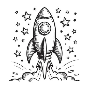 Hand-drawn illustration of a rocket launching with smoke at its base, surrounded by stars. The monochrome design conveys a sense of adventure and exploration.