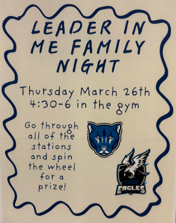 Leader in Me Family Night. Thursday March 26th 4:30-6 in the gym. Go through all of the stations and spin the wheel for a prize! The flyer includes a blue and white illustration of a cougar head and the Pumpkin Center Eagles logo featuring an eagle and a shield. The text and logos are contained within a blue wavy hand-drawn border.