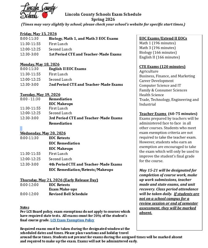 Lincoln County Schools Exam Schedule Spring 2026. (Times may vary slightly by school; please check your school’s website for specific start times.) Friday, May 15, 2026: 8:00-11:30 Biology, Math 1, and Math 3 EOC Exams; 11:30-11:55 First Lunch; 12:00-12:25 Second Lunch; 12:30-3:00 1st Period CTE and Teacher-Made Exams. Monday, May 18, 2026: 8:00-11:30 English II EOC Exams; 11:30-11:55 First Lunch; 12:00-12:25 Second Lunch; 12:30-3:00 2nd Period CTE and Teacher-Made Exams. Tuesday, May 19, 2026: 8:00-11:30 Remediation EOC Makeups; 11:30-11:55 First Lunch; 12:00-12:25 Second Lunch; 12:30-3:00 3rd Period CTE and Teacher-Made Exams Remediation. Wednesday, May 20, 2026: 8:00-11:30 EOC Retests, EOC Remediation, EOC Makeups; 11:30-11:55 First Lunch; 12:00-12:25 Second Lunch; 12:30-3:00 4th Period CTE and Teacher-Made Exams, EOC Remediation/Retests/Makeups. Thursday, May 21, 2026 (Early Release Day): 8:00-12:00 EOC Retests, Exam Make-ups; 8:00-12:00 Revised Bell Schedule. Notes: Per LCS Board policy, exam exemptions do not apply to courses which have required state tests. All exams count for 20% of the student’s final course grade. Required exams must be taken during the designated window at the scheduled dates and times. Please plan vacations and holiday travel around these times. Students not present for exams during the assigned times will be marked absent and required to make up the exam. Exams will not be administered early. Sidebar Information: EOC Exams/Extend II EOCs: Math 1 (196 minutes), Math 3 (196 minutes), Biology (166 minutes), English II (166 minutes). CTE Exams (120 minutes): Agriculture; Business, Finance, and Marketing; Career Development; Computer Science and IT; Family and Consumer Sciences; Health Science; Trade, Technology, Engineering and Industrial. Teacher Exams (60-75 minutes): Exams prepared by teachers will be administered face to face in all other courses. Students who meet exam exemption criteria are not required to take the teacher exam. However, students who earn an exemption are encouraged to take the exam which will only be used to improve the student’s final grade for the course. May 15-21 will be designated for completion of course work, make up work submissions, teacher made and state exams, and unit recovery. Class period attendance will be taken daily. If students are not on a school campus for a review session or end of semester assessment, they will be marked absent.