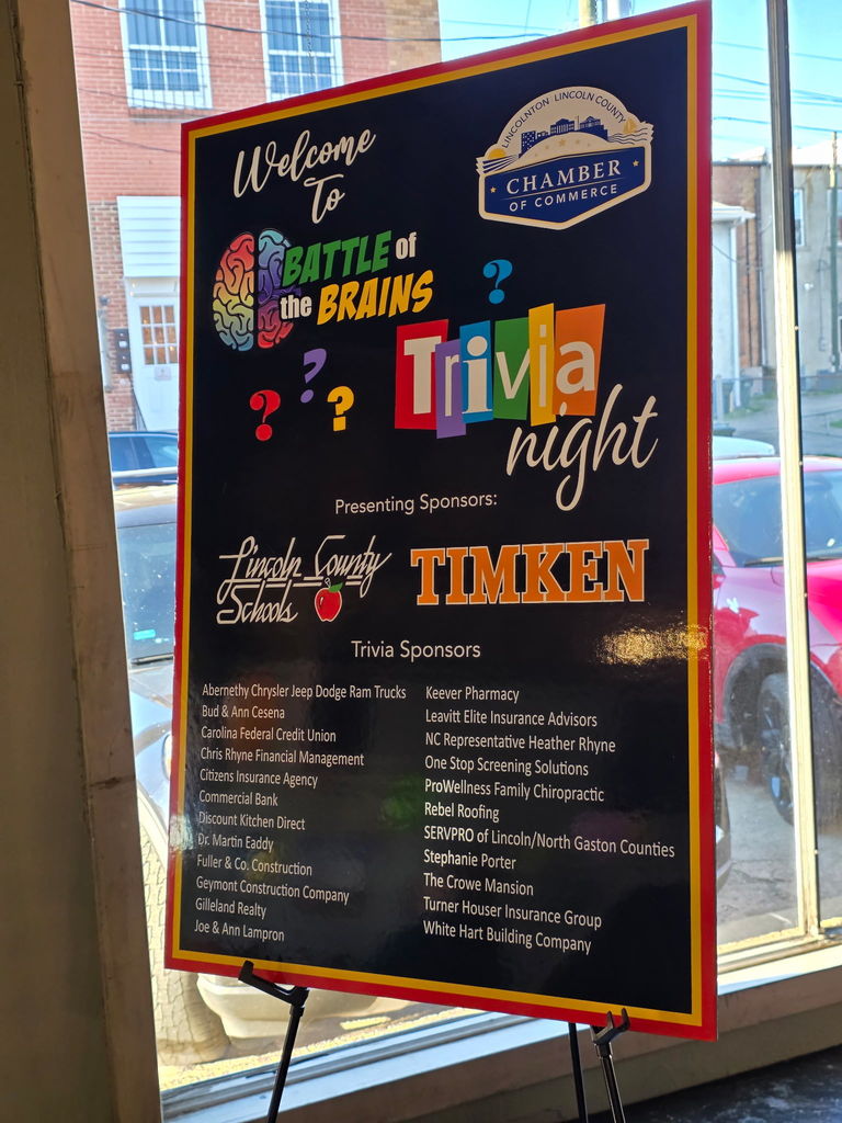 A large, colorful sign on an easel reads “Welcome to Battle of the Brains Trivia Night,” featuring the Lincoln County Chamber of Commerce logo, presenting sponsors Lincoln County Schools and Timken, and a list of additional sponsors below.