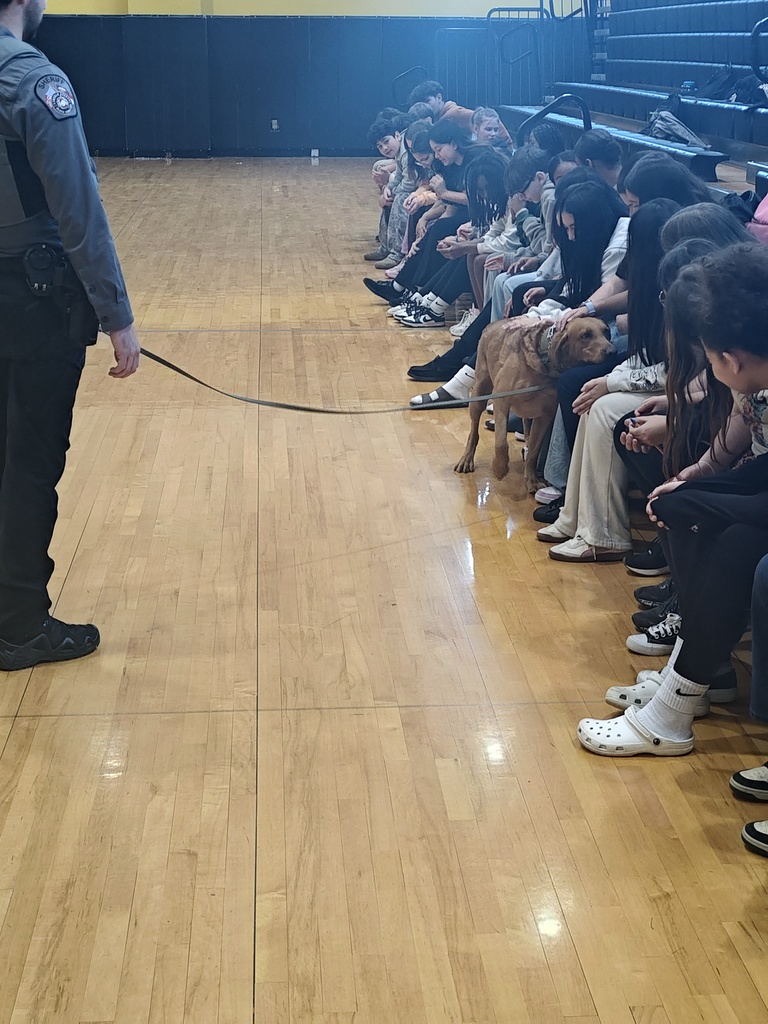 Marty the K-9 walks along a row of seated students who are reaching out to pet him. Officer Wilson stands to the side holding Marty's leash during the interaction.