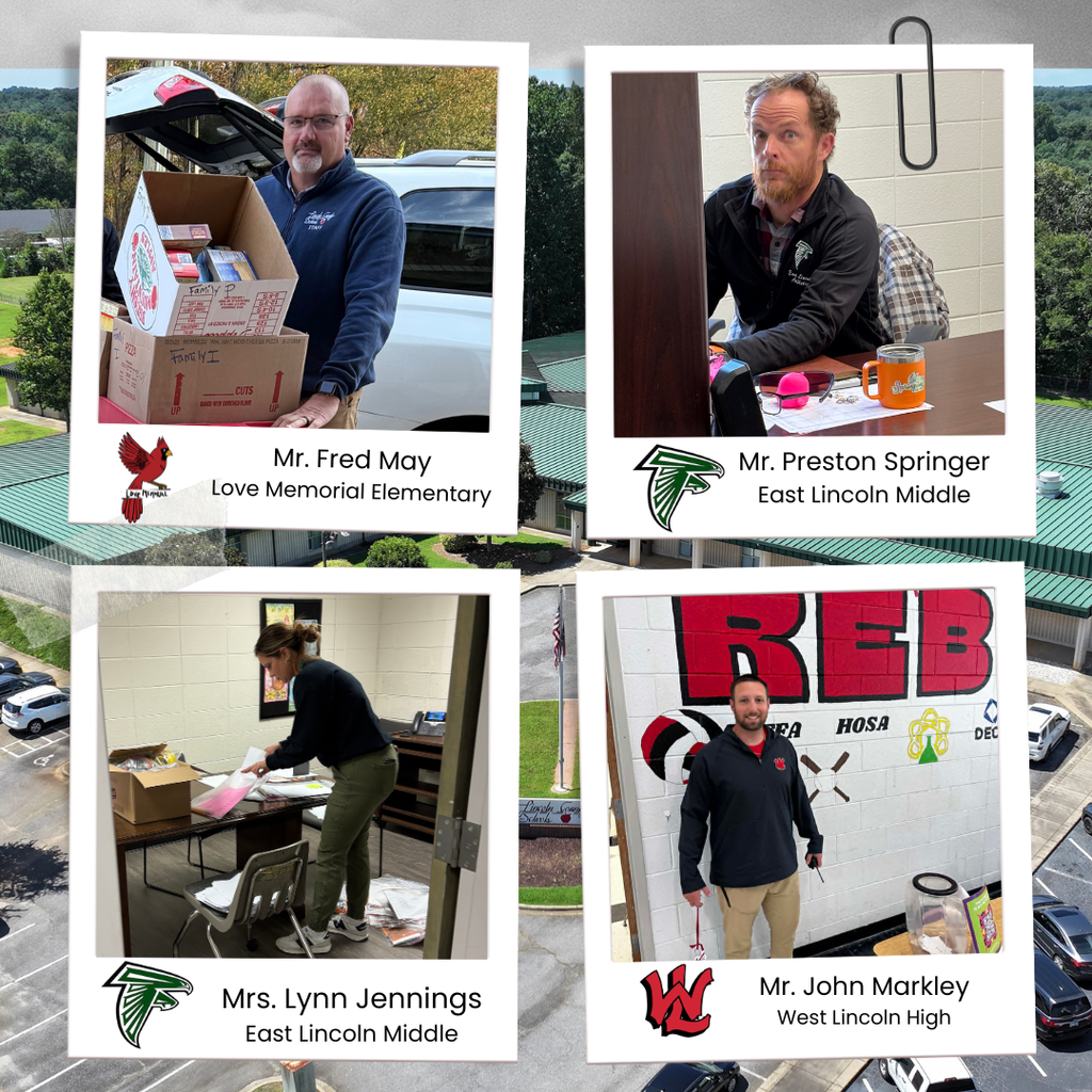 A collage of four photos highlighting assistant principals. Top left: Mr. Fred May from Love Memorial Elementary stands by an open vehicle holding a large box filled with items. Top right: Mr. Preston Springer from East Lincoln Middle sits at a desk, focused on a computer screen. Bottom left: Mrs. Lynn Jennings from East Lincoln Middle organizes papers and materials on a table in a classroom. Bottom right: Mr. John Markley from West Lincoln High stands smiling in front of a wall with large red and black lettering and school organization logos. Each photo includes the staff member’s name and school.