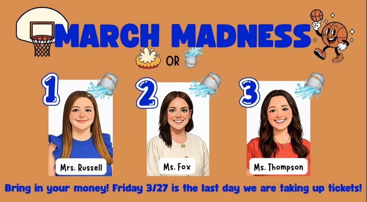 orange background with the top 3 winners so far to our March Madness Fundraiser. last day is Friday 3/27