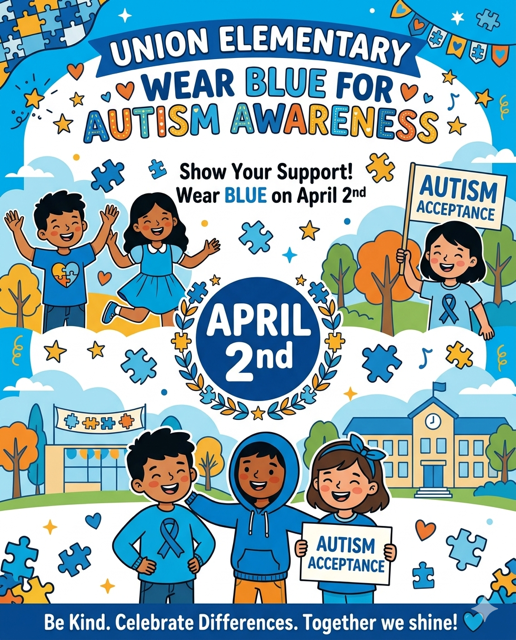 A colorful, cartoon-style promotional poster for Union Elementary titled "Wear Blue for Autism Awareness."  The poster features a bright blue and white color scheme with illustrations of diverse, smiling children. In the center, a large white circle framed by a golden laurel wreath contains the text "April 2nd."  Key Elements: Header: A blue banner at the top reads "UNION ELEMENTARY" above the main heading "WEAR BLUE FOR AUTISM AWARENESS."  Call to Action: Text in the center states, "Show Your Support! Wear BLUE on April 2nd."  Illustrations: * Six cheerful children are shown wearing blue clothing.  One child holds a flag and another holds a sign, both reading "AUTISM ACCEPTANCE."  The background includes a school building, stylized trees, clouds, and various floating yellow stars and blue puzzle pieces.  Footer: A dark blue bar at the bottom contains the slogan: "Be Kind. Celebrate Differences. Together we shine!"